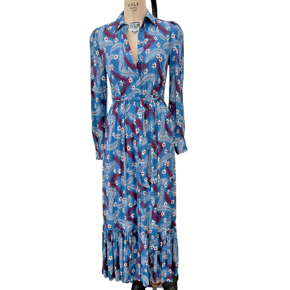 Paris Atelier & Other Stories Blue Retro Print Midi Buttons Dress Size Small - Picture 4 of 7
